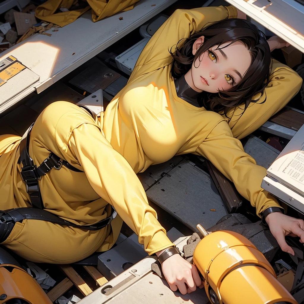 robot waifu girl, short brown hair, yellow eyes, lying broken in a pile of trash