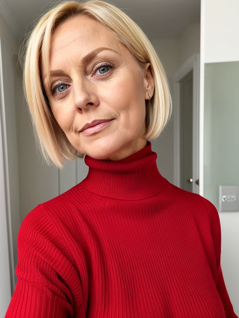 photo of a slutty horny blonde mature submissive wife with big bulging beautiful eyes, very short hair, She wears: (turtleneck high ribbed bright tight red sweater:1.1), sexy old lady next door neighbour who wants me bad