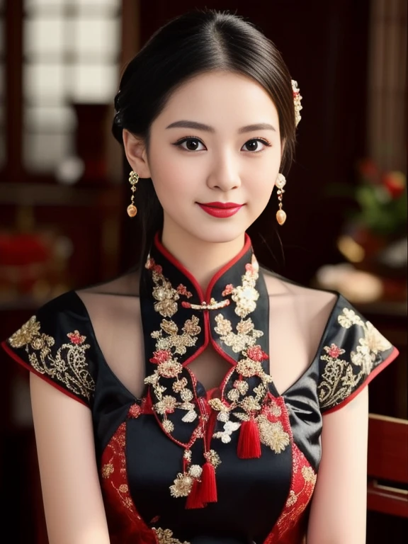 Asian woman Arav in red dress poses for photo, wearing a red Cheongsam, Cheongsam, Chinese dress, Chinese style, traditional chinese, Chinese woman, with ancient Chinese clothing, expensive silk, traditional chinese clothing, Chinese girl, Chinese dress, Gorgeous Chinese model, beautiful oriental woman, Chinese princess, สวมชุดCheongsamสีน้ำเงิน, Wearing a bright red dress 8k, 3-D, 45,000,000,000 pixels, Too realistic,