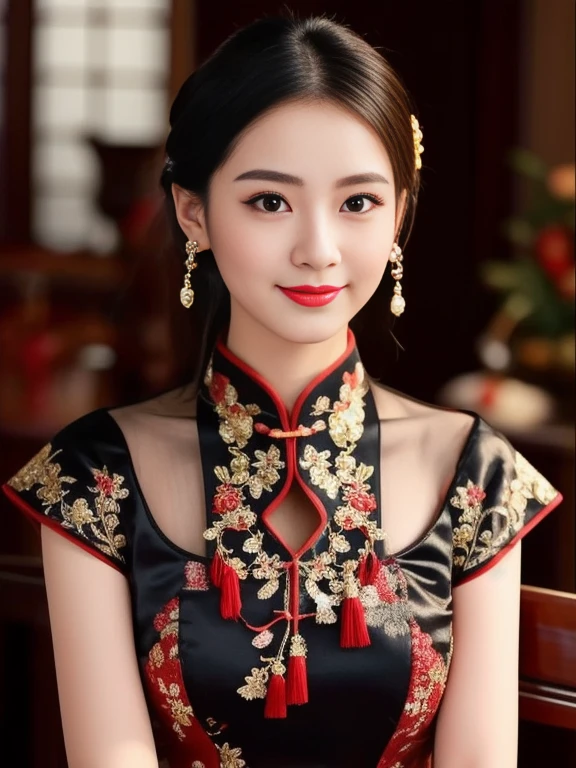 Asian woman Arav in red dress poses for photo, wearing a red Cheongsam, Cheongsam, Chinese dress, Chinese style, traditional chinese, Chinese woman, with ancient Chinese clothing, expensive silk, traditional chinese clothing, Chinese girl, Chinese dress, Gorgeous Chinese model, beautiful oriental woman, Chinese princess, สวมชุดCheongsamสีน้ำเงิน, Wearing a bright red dress 8k, 3-D, 45,000,000,000 pixels, Too realistic,
