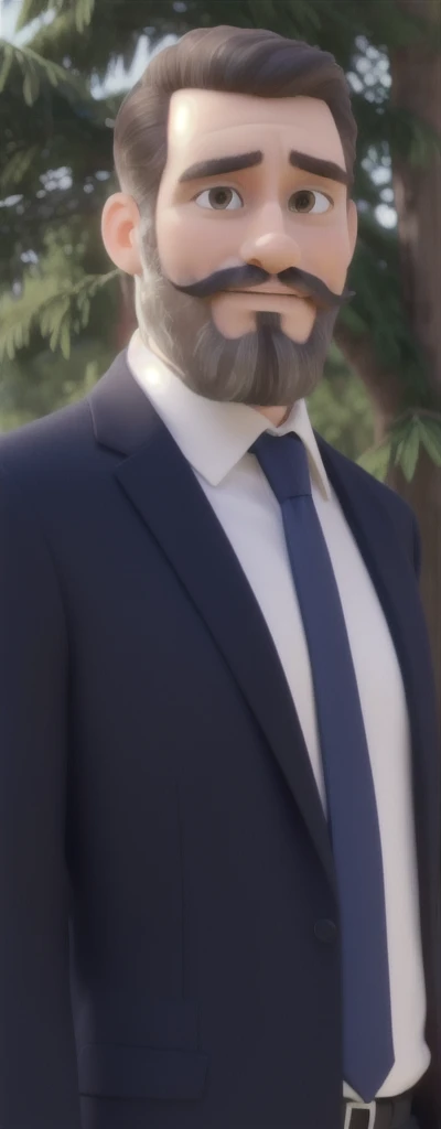 Man in suit and tie with discreet beard and mustache, with trees in the background, looking like a lawyer
