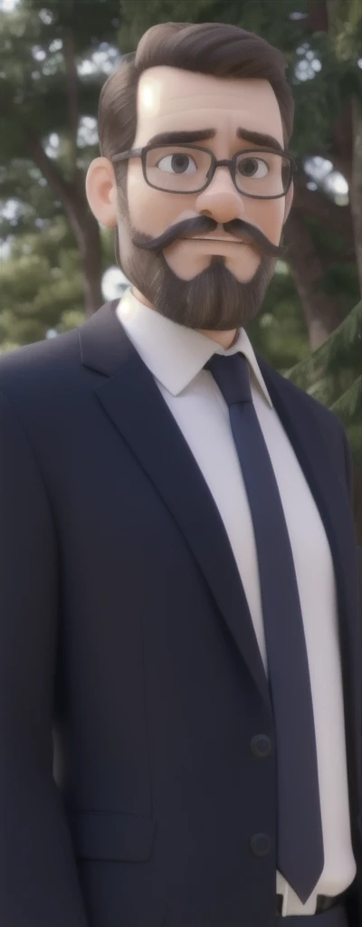 Man in suit and tie with discreet beard and mustache, with trees in the background, looking like a lawyer