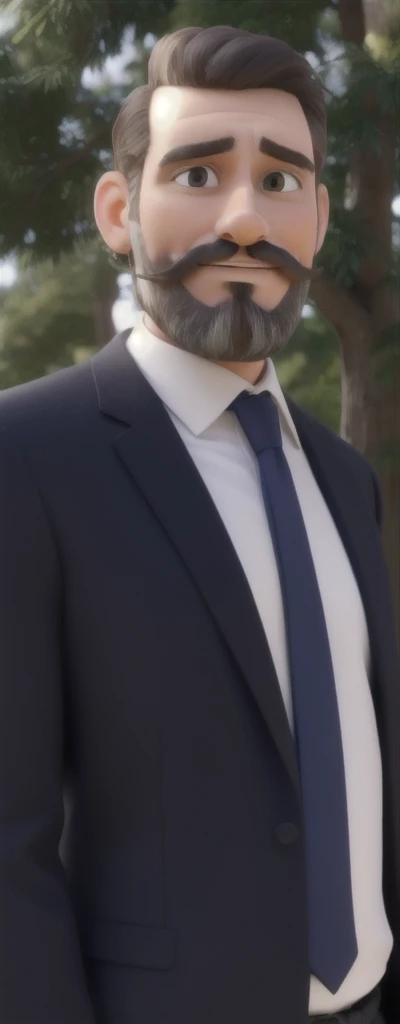 Man in suit and tie with discreet beard and mustache, with trees in the background, looking like a lawyer