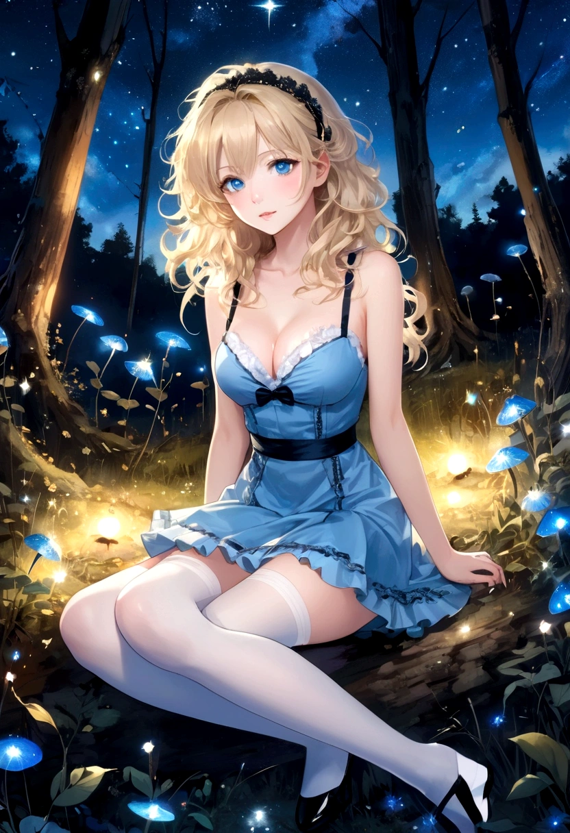 Big messy haired blonde anime woman with hairband, pale blue eyes, wearing short blue dress with no sleeves, cleavage, white stockings and little black shoes, sitting in the woods next to glowing mushroom surrounded by fireflies under the starry night sky 