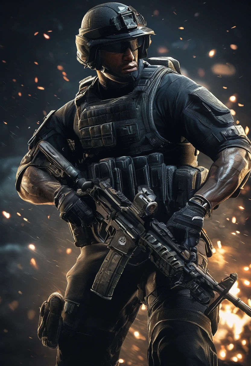 Masterpiece quality wallpaper, Swat, muscular, SWAT uniform, wearing SWAT uniform, Call of duty, intricate details, highly detailed and stylized, 8K UHD, Video game wallpaper, dark background