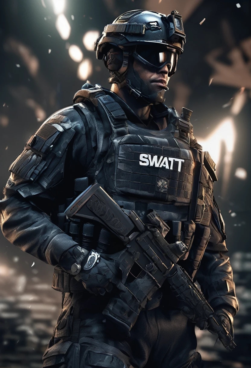 Masterpiece quality wallpaper, Swat, muscular, SWAT uniform, wearing SWAT uniform, Call of duty, intricate details, highly detailed and stylized, 8K UHD, Video game wallpaper, dark background