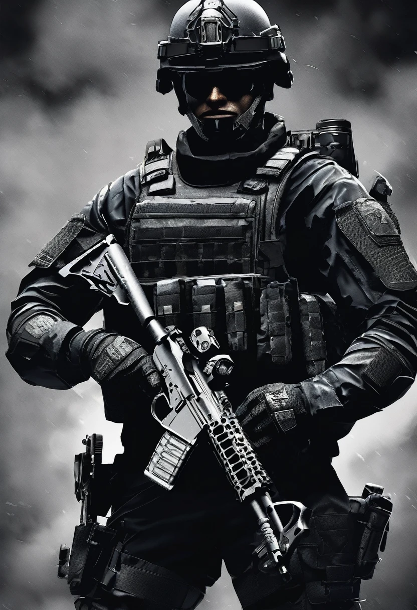 Masterpiece quality wallpaper, Swat, muscular, SWAT uniform, wearing SWAT uniform, Call of duty, intricate details, highly detailed and stylized, 8K UHD, Video game wallpaper, dark background