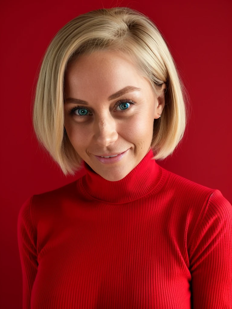 photo of a playful cute slutty horny blonde mature submissive wife with big bulging beautiful eyes, very short hair, She wears: (turtleneck high ribbed bright tight red sweater:1.1), submissive seductive pose, high tight ribbed neck, seductive smile, perfect fake tits, turtleneck top, side view, strict step mom, angry mistress 