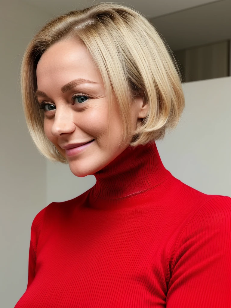 photo of a playful cute slutty horny blonde mature submissive wife with big bulging beautiful eyes, very short hair, She wears: (turtleneck high ribbed bright tight red sweater:1.1), submissive seductive pose, high tight ribbed neck, seductive smile, perfect fake tits, turtleneck top, side view, strict step mom, angry mistress 