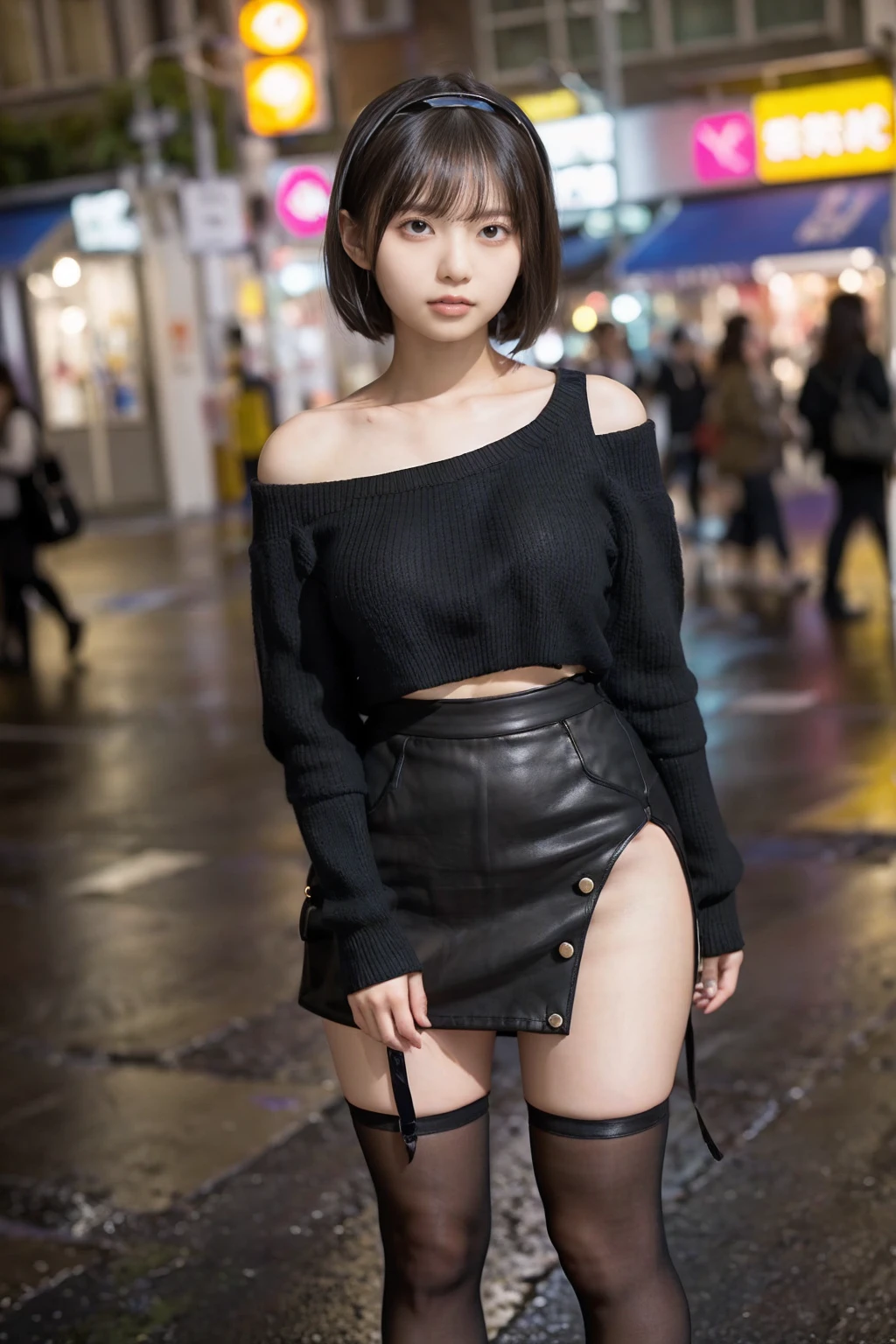 High angle shot, Street Snap, Standing in the neon city at midnight, woman(expensive)There are three gals, (Three Girls), Amazingly cute, Japanese blonde hair, blonde hair, short hair, hairband, glaring, furrowed brow, makeup, grimace, scowl, Surrealism, first-person view, first-person view, Wide-Angle, uhd, anatomically correct, super detail, 16K, タイトスカートとタイトな黒ストッキングをはいたwomanの全身撮影, Off-the-shoulder long-sleeve knit, Accentuate your cleavage, Exposing your belly, Black mini skirt, Korean girl, ( Ivory Black ), Choi Hong-hwa, Lee Ji-eun, Lee Ji-eun, Korean women's fashion model, Ulzzang, Korean, sakimichan, Jaeyoung Nam, Kim Tae-jun, Micro Mini Skirt, (The skirt is very short), (Very long legs), (very wide thighs), (She always wears black stockings), (ヒールがexpensiveブラウンの厚底プラットフォームハイヒールを着用), Accurate high heels,