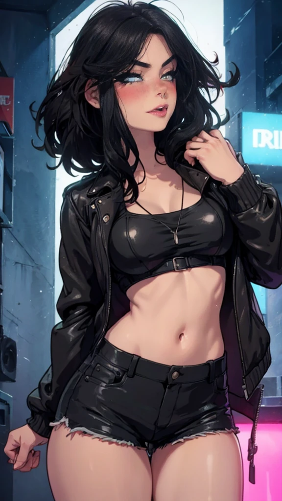 A beautiful woman, detailed eyes, Messy dark hair, during, He is wearing a leather jacket, some shorts, city at night, front view, blush, posing, perfect hands, good anatomy, curvy, she has a katana, neon lighting