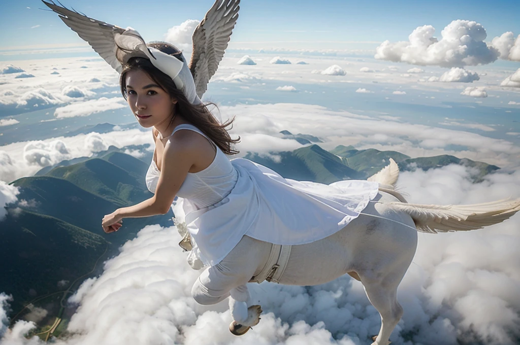 A beautiful slender girl in a white dress flies above the clouds on the back of a pegasus.