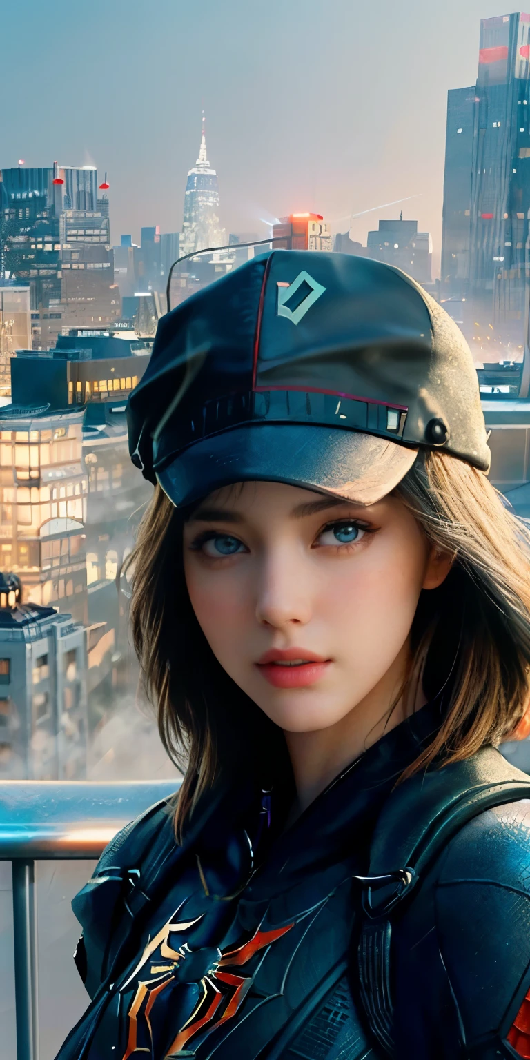 (1girl:1.3), Solo, (((Very detailed face)))), ((Very detailed eyes and face)))), Beautiful detail eyes, Body parts__, Official art, Unified 8k wallpaper, Super detailed, beautiful and beautiful, beautiful, masterpiece, best quality, original, masterpiece, super fine photo, best quality, super high resolution, realistic realism, sunlight, full body portrait, amazing beauty, dynamic pose, delicate face, vibrant eyes, (from the front), She wears Spider-Man suit, red and black color scheme, spider, very detailed city roof background, rooftop, overlooking the city, detailed face, detailed complex busy background, messy, gorgeous, milky white, highly detailed skin, realistic skin details, visible pores, clear focus, volumetric fog, 8k uhd, DSLR, high quality, film grain, fair skin, photo realism, lomography, futuristic dystopian megalopolis, translucent