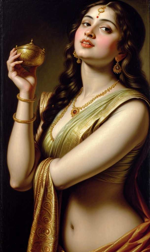 Beautiful Indian Woman, wearing saree, sari Beauty, gorgeous, Apsara, Maharani, royal queen woman, nymph from Hindu Mythology, Urvashi, matchless beauty, Highly detailed, Oil Painting by Peter Paul Rubens inspired by Raja Ravi Varma, Matchless beauty, captivating, gorgeous, heavenly beauty, celestial beauty, by Peter Paul Rubens, 13, realistic, hyper realistic, micro details, incredible artwork, insane details, ultra High resolution, 8k, 32k, acrylic on canvas, intricate, flawless, detailed, detailed face, detailed eyes, masterpiece, by Peter Paul Rubens, by Caravaggio, by William Adolphe bouguereau, perfect face, perfect body, beautiful art, realism, baroque, renaissance Art, highly textured, beautiful and detailed eyes, uhd, best quality,