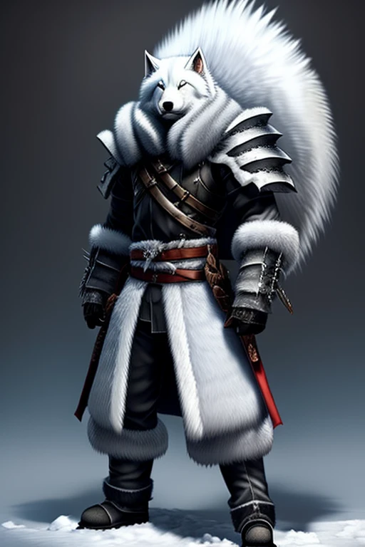 a huge white and grey fur snow wolf ready to fight in an epic battle with a gatling gun in his hand, a demon wings on his back, two katanas on his waist.