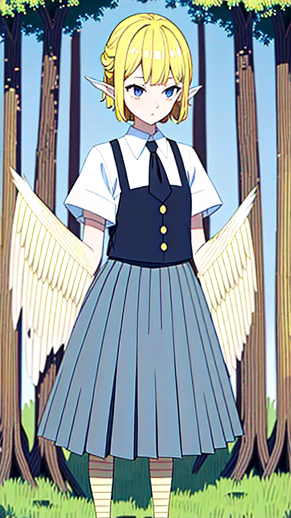 1girl,20s,happy,white shirt,black standard tie,short sleeves,white school skirt,short hair,blonde hair,pointy ears,((harpy,harpy wings)),illustration,forest