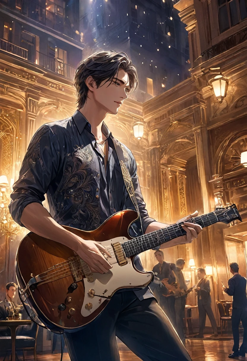 Handsome man , A delicate and handsome guitarist playing guitar(Face clear and perfect)Image,The background is hotel scene lighting art perfect, Beautifully, Intricate illustrations, art work concept art work masterpiece, best quality, Super detailed, HD