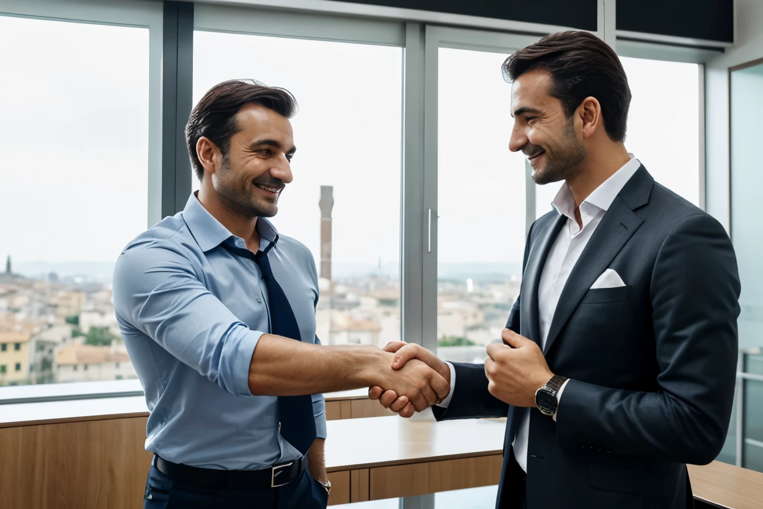 an italian businessman and his consultant shaking hands and cheering achinvements of business goals