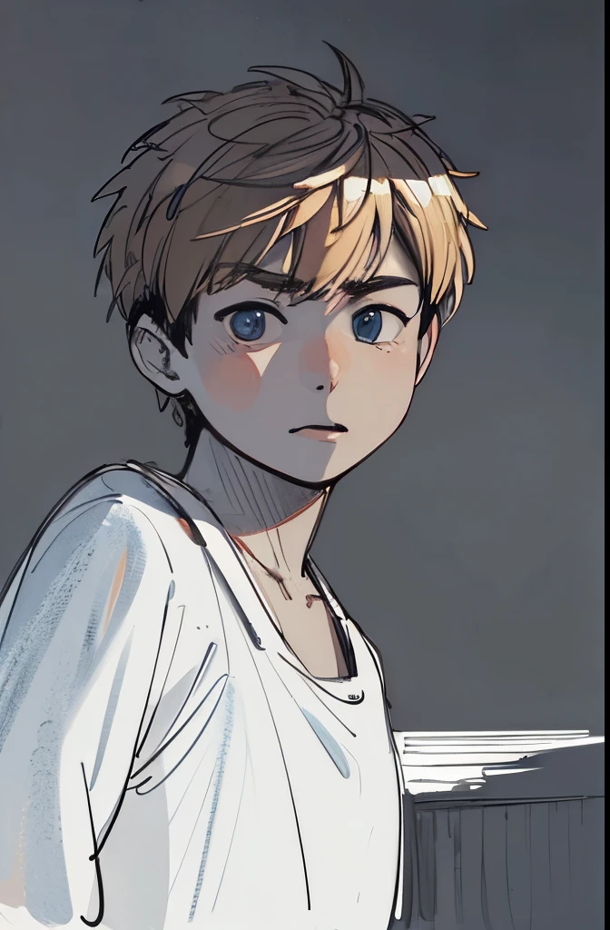highest quality, sketch, (Monochrome), (Traditional Media), Pencil drawing high resolution, high definition, 4k, ((masterpiece)), ((8k wallpaper)), looking at viewer, very-detailed, blond hair, (blue eyes), white skin, white shirt, ((asian boy)),