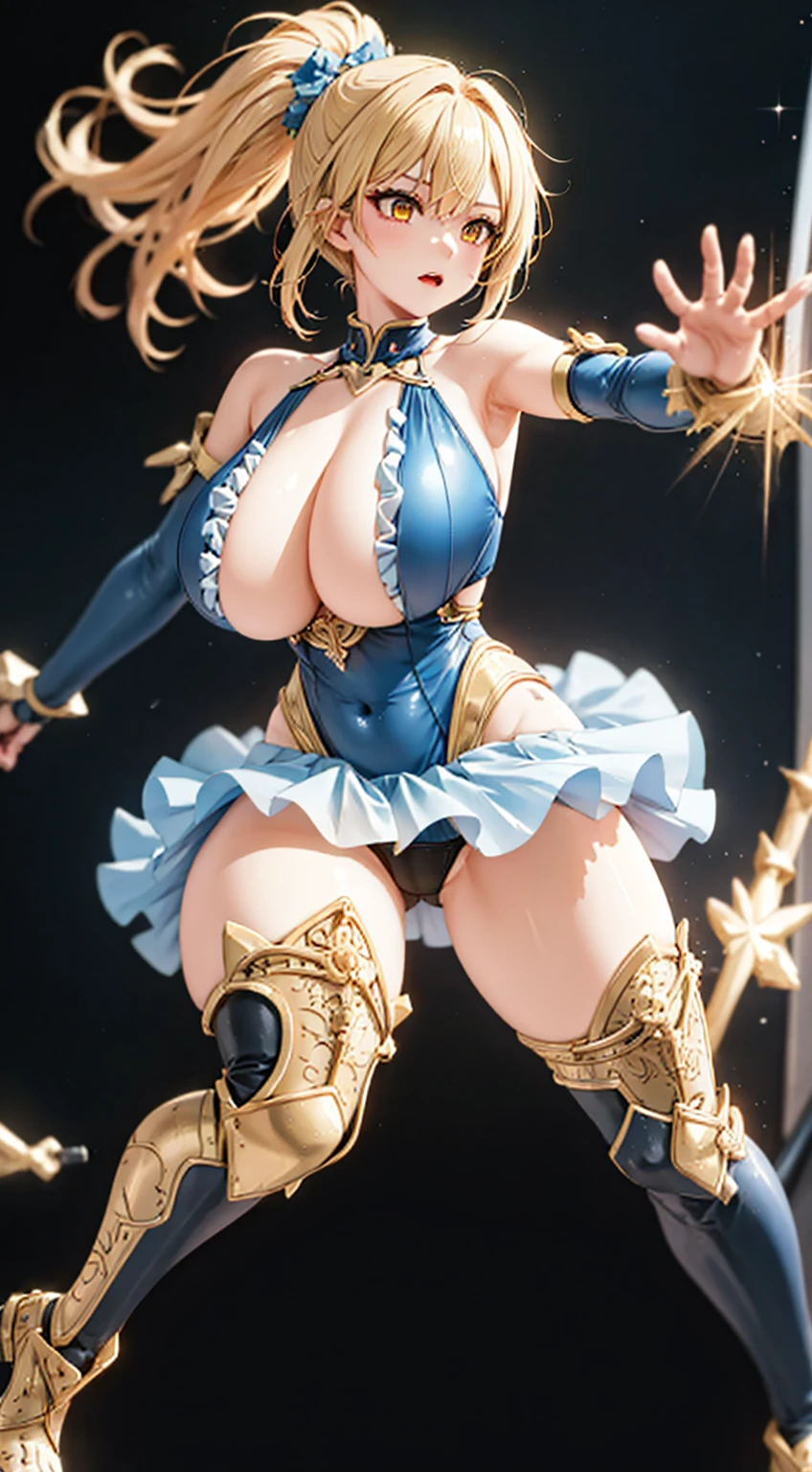 (High resolution, sharp, fractal), high detailed, character design, anime character, game character, 1 female, up from thigh, knee up, dynamic pose, fighting pose, action pose, Super Glowing Skin, Magical girl, Age 25, (((intricate detailed leotard))), ((frill Mini skirt frill)), sagging massive breast, yellow line and metallic black costume, (camel toe),Cyclone spinning,