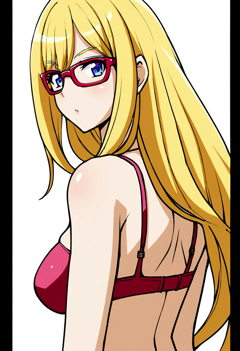 1 girl, upper body, dark pink bra, long hair, big cheest , glasses , anime girl, adult girl, yellow hair, back grounwhite 