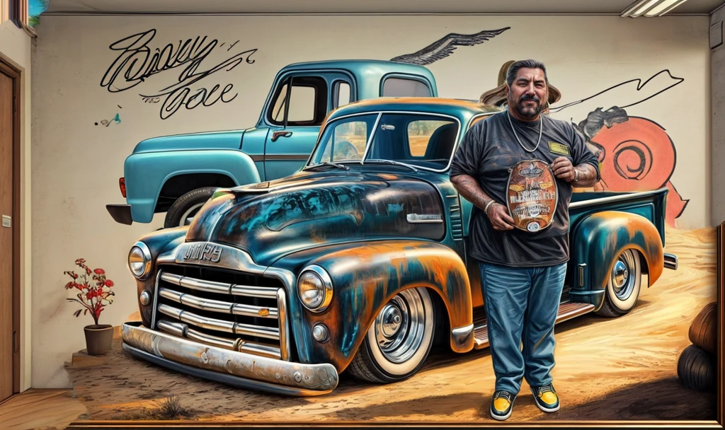 in the background on a wall drawing of an arm with a tattoo of a chevy pickup 