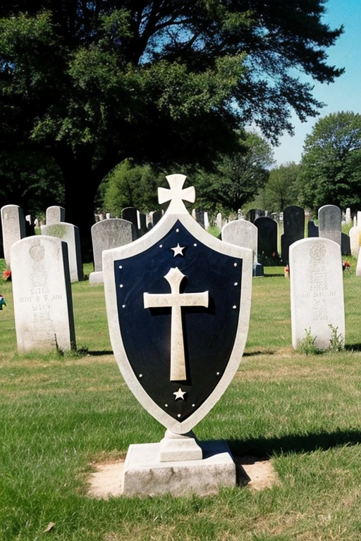 A shield with a cemetery, a ball and some stars