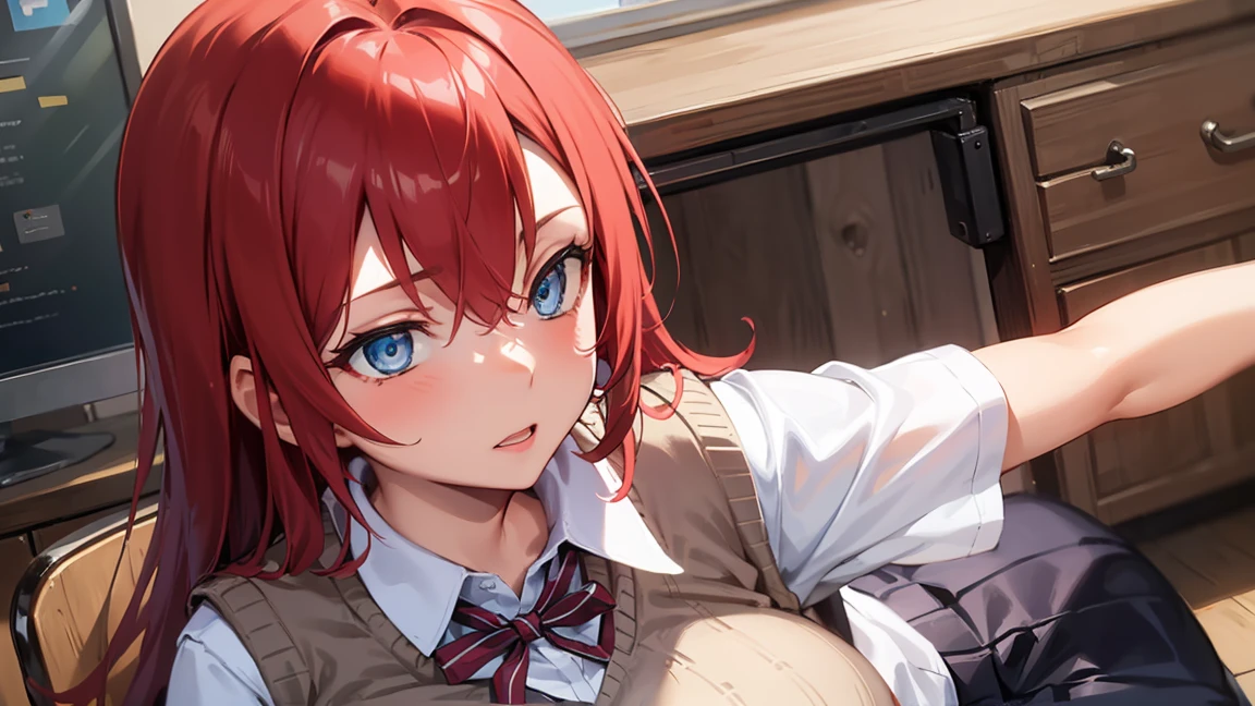 1girl,rias gremory,red hair, ahoge, blue eyes, large breasts ,
BREAK (otonokizaka , pleated skirt, , short sleeves, skirt, summer uniform, sweater vest, yellow sweater vest,:1.2)
BREAK  sitting in an office chair, on a desk,
BREAK (masterpiece:1.2), best quality, high resolution, unity 8k wallpaper, (illustration:0.8), (beautiful detailed eyes:1.6), extremely detailed face, perfect lighting, extremely detailed CG, (perfect hands, perfect anatomy),