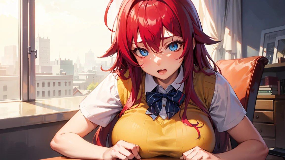 1girl,rias gremory,red hair, ahoge, blue eyes, large breasts ,
BREAK (otonokizaka , pleated skirt, , short sleeves, skirt, summer uniform, sweater vest, yellow sweater vest,:1.2)
BREAK sitting in an office chair, on a desk,
BREAK (masterpiece:1.2), best quality, high resolution, unity 8k wallpaper, (illustration:0.8), (beautiful detailed eyes:1.6), extremely detailed face, perfect lighting, extremely detailed CG, (perfect hands, perfect anatomy),