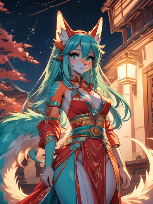 Miku Hatsune, add high definition_detail:1, blue fur,kitsune ears, tribal tattoo add_detail:1,put on the leg, Walking position during full moon showing her beautiful figure and outfit.. (b(yukata bare shoulders, japanese shinobi kimono) sweaty body add_details:1, smiling add_detailsl:1, ear piercing add_detail:1, cover position in bed add_detail, horny girl add_detail:1, seductive position add_detail:1, RED Saturation, photo style lighting add_detail:1, sensual bondage add_detail, very fine and detailed hands add_detail, cara angelical, mischievous look 