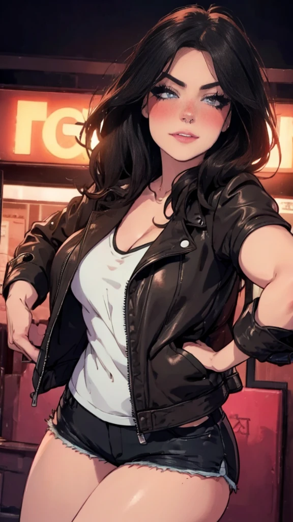 A beautiful woman, detailed eyes, Messy dark hair, during, He is wearing a leather jacket, some shorts, city at night, front view, blush, posing, perfect hands, good anatomy, curvy, she has a katana, neon lighting