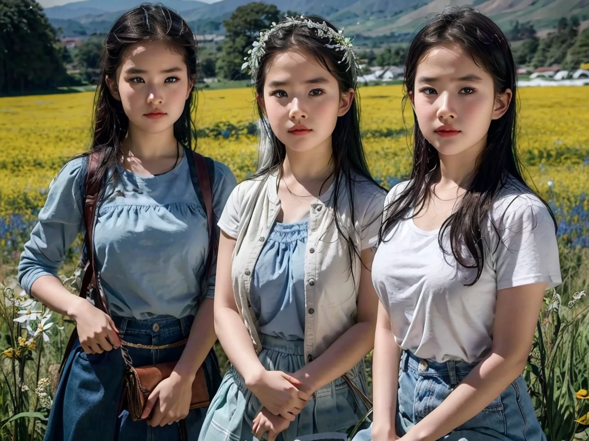 (4 Girls), Indonesian baby face, 12 years, white skin, Round breast, blue eyes, meadow, silver hair, 8K, The details are very realistic...., The best of photography Wear a jeans skirt.... 