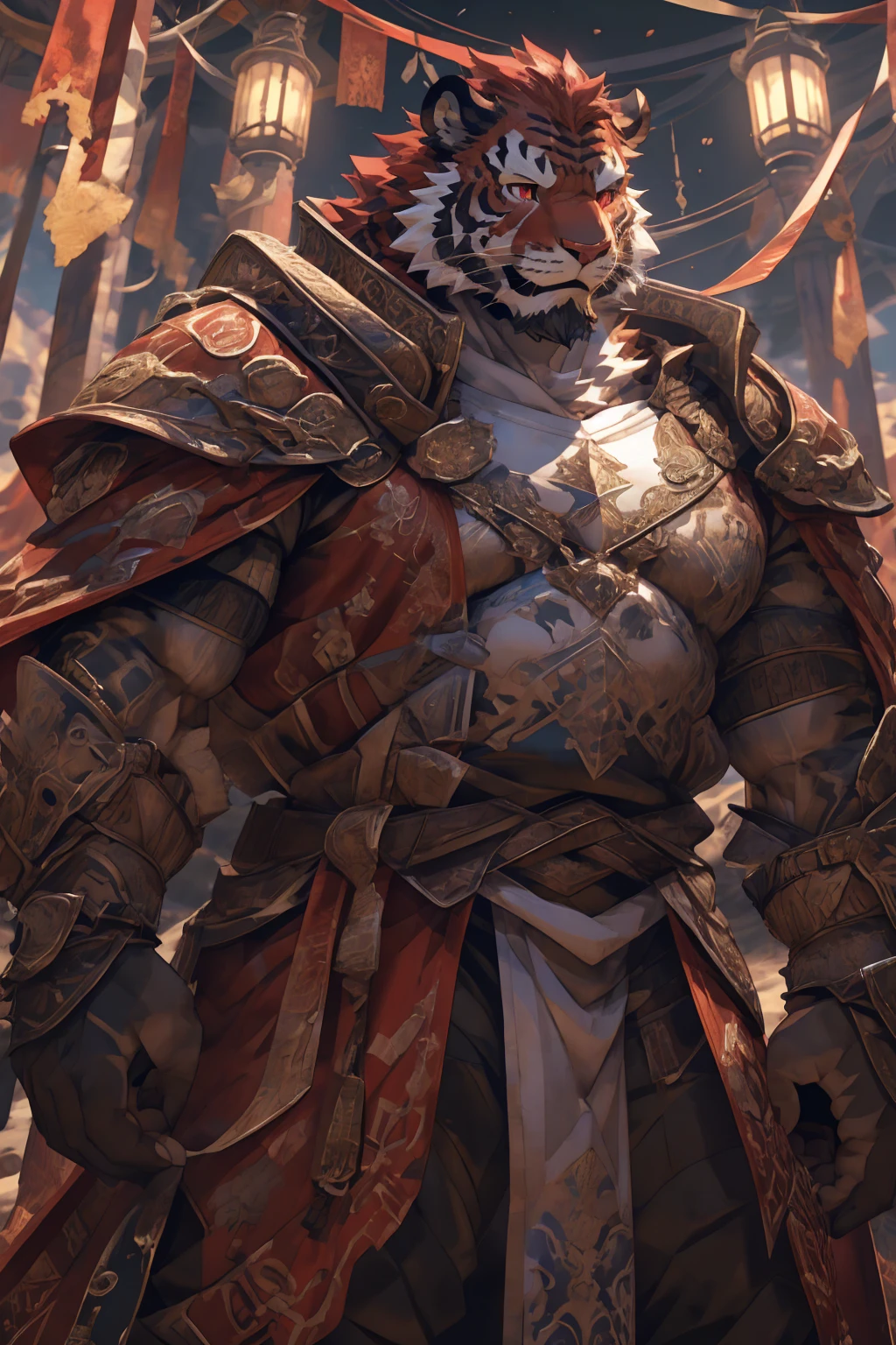 (赤红色tiger),(赤红流火Military commander战袍),(Holding a long sword),Awesome posture,Sitting quietly on the edge of the cliff,(The background is a city with bright lights.:1.2),Abdominal muscles,完美的masterpiece,Various facial details,Close-up view,specific description,masterpiece,cg,(Red eyes),Crimson pattern,Crimson tail,Military commander,Heroic,tiger,Crimson fur,Detailed facial details,),(Half Body),(Long feather),((middle aged)),(Face Focus:1.3),(16K),HD,Red and white abdomen,temple,beard,(Face lines),Heterochromia,(Red battle robe),(Crimson hair),Strong,muscle,(high resolution:1.3),