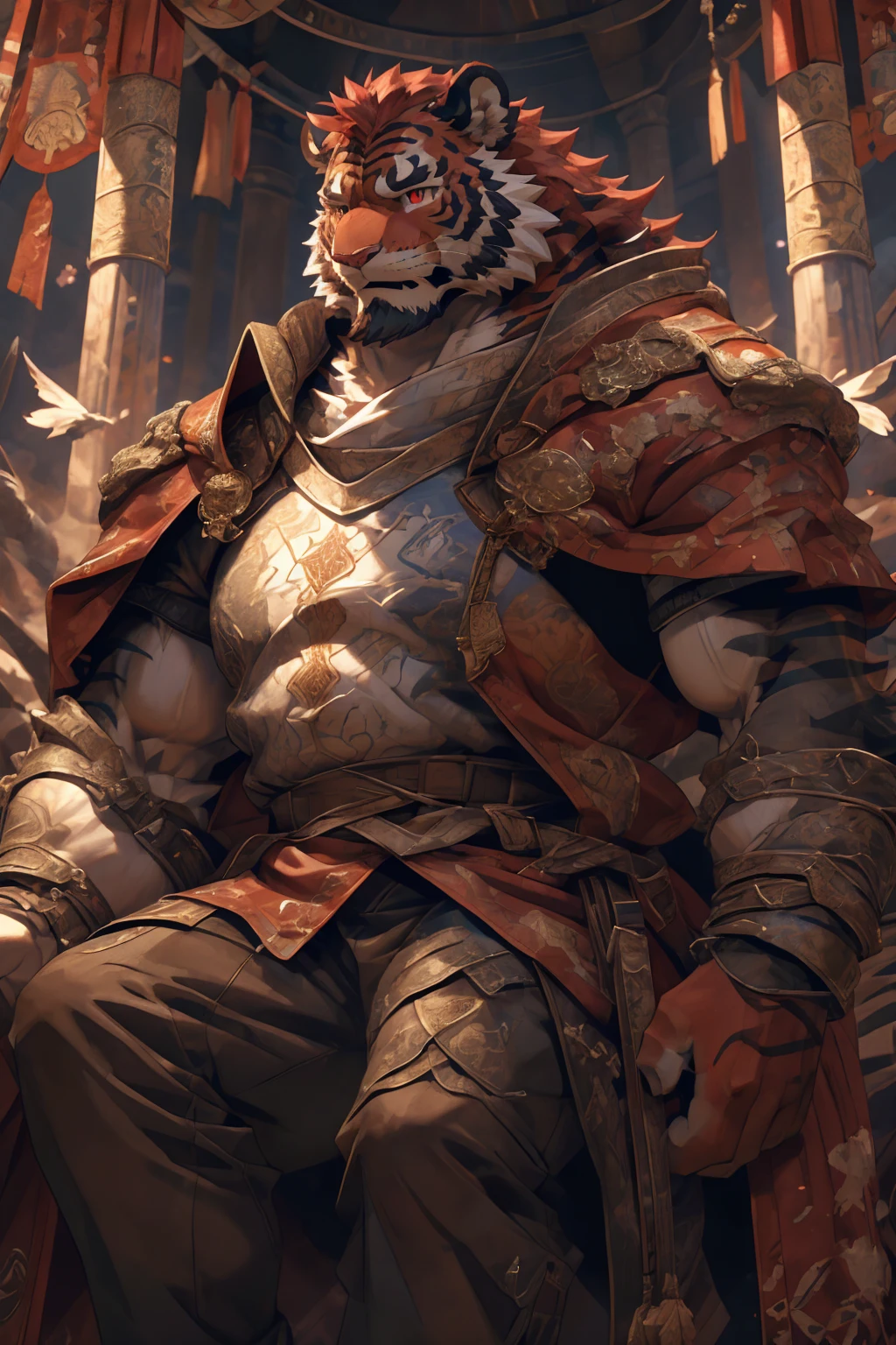 (赤红色tiger),(赤红流火Military commander战袍),(Holding a long sword),Awesome posture,Sitting quietly on the edge of the cliff,(The background is a city with bright lights.:1.2),Abdominal muscles,完美的masterpiece,Various facial details,Close-up view,specific description,masterpiece,cg,(Red eyes),Crimson pattern,Crimson tail,Military commander,Heroic,tiger,Crimson fur,Detailed facial details,),(Half Body),(Long feather),((middle aged)),(Face Focus:1.3),(16K),HD,Red and white abdomen,temple,beard,(Face lines),Heterochromia,(Red battle robe),(Crimson hair),Strong,muscle,(high resolution:1.3),