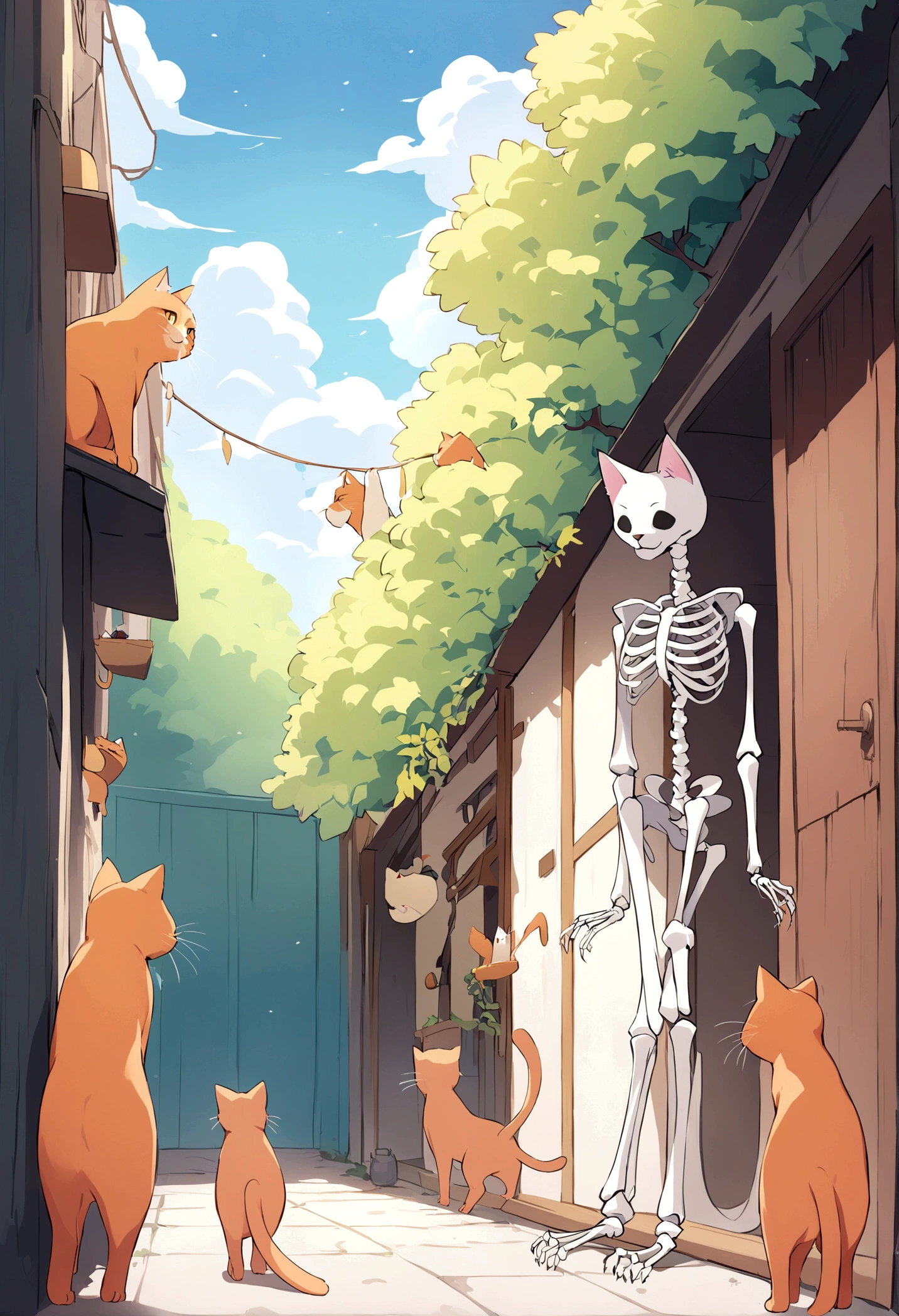 Show an extremely thin and tall orange cat, with a skeletal appearance, being mocked by a group of more robust and normal cats. The setting could be an alley or a park where cats gather.