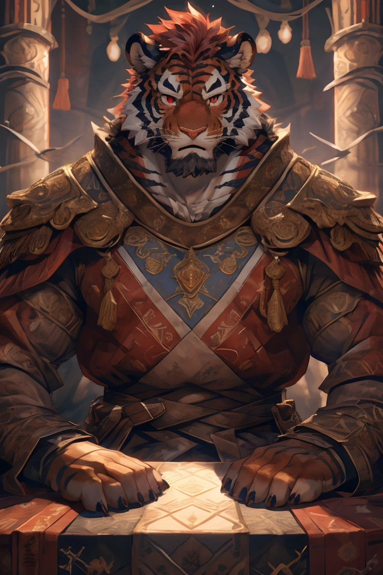 (赤红色tiger),(赤红流火Military commander战袍),(Holding a long sword),Awesome posture,Sitting quietly on the edge of the cliff,(The background is a city with bright lights.:1.2),Abdominal muscles,完美的masterpiece,Various facial details,Close-up view,specific description,masterpiece,cg,(Red eyes),Crimson pattern,Crimson tail,Military commander,Heroic,tiger,Crimson fur,Detailed facial details,),(Half Body),(Long feather),((middle aged)),(Face Focus:1.3),(16K),HD,Red and white abdomen,temple,beard,(Face lines),Heterochromia,(Red battle robe),(Crimson hair),Strong,muscle,(high resolution:1.3),