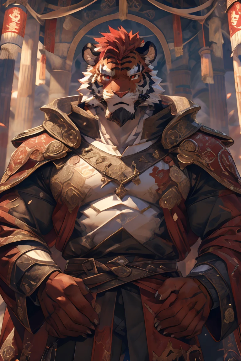 (赤红色tiger),(赤红流火Military commander战袍),(Holding a long sword),Awesome posture,Sitting quietly on the edge of the cliff,(The background is a city with bright lights.:1.2),Abdominal muscles,完美的masterpiece,Various facial details,Close-up view,specific description,masterpiece,cg,(Red eyes),Crimson pattern,Crimson tail,Military commander,Heroic,tiger,Crimson fur,Detailed facial details,),(Half Body),(Long feather),((middle aged)),(Face Focus:1.3),(16K),HD,Red and white abdomen,temple,beard,(Face lines),Heterochromia,(Red battle robe),(Crimson hair),Strong,muscle,(high resolution:1.3),