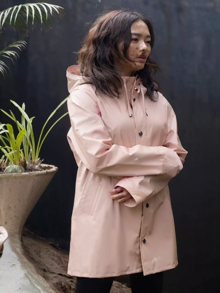 a beautiful young asian woman wearing a pink buttoned raincoat, her clothes and raincoat covered in mud, walking through a muddy field, (best quality,4k,8k,highres,masterpiece:1.2),ultra-detailed,(realistic,photorealistic,photo-realistic:1.37),HDR,UHD,studio lighting,ultra-fine painting,sharp focus,physically-based rendering,extreme detail description,professional,vivid colors,bokeh,portrait,realistic,photographic,natural lighting,muddy environment,rainy day