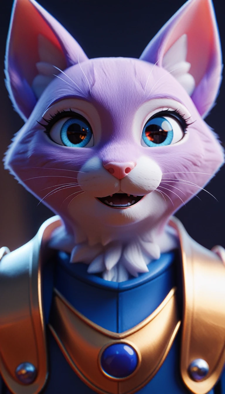 Close-up shot of a cat, whole body, has a blue sword, Wearing dark armor, Castle Background, High resolution, masterpiece, Highest quality, Super detailed, Super detailed, Ultra-realistic,
 Hong Kong Style, 3D Fluffy, Cute and adorable close-ups, Cute big round reflective eyes, Long fuzzy fur, Pixar Rendering, unreal engine Cinematic smooth, Exquisite detail, Cinematic