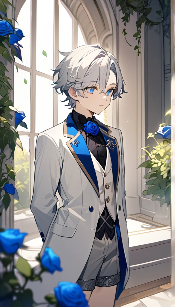 Handsome,very beautiful,1 little boy,young,alone,white short hair,blue eyes,black shirt,Luxurious white blazer,((Gray suit shorts)),black garters,((blue Rose)),White satin ribbon clothing decoration,Exquisite clothing details,Calm expression,Holy,Goethe-style,garden