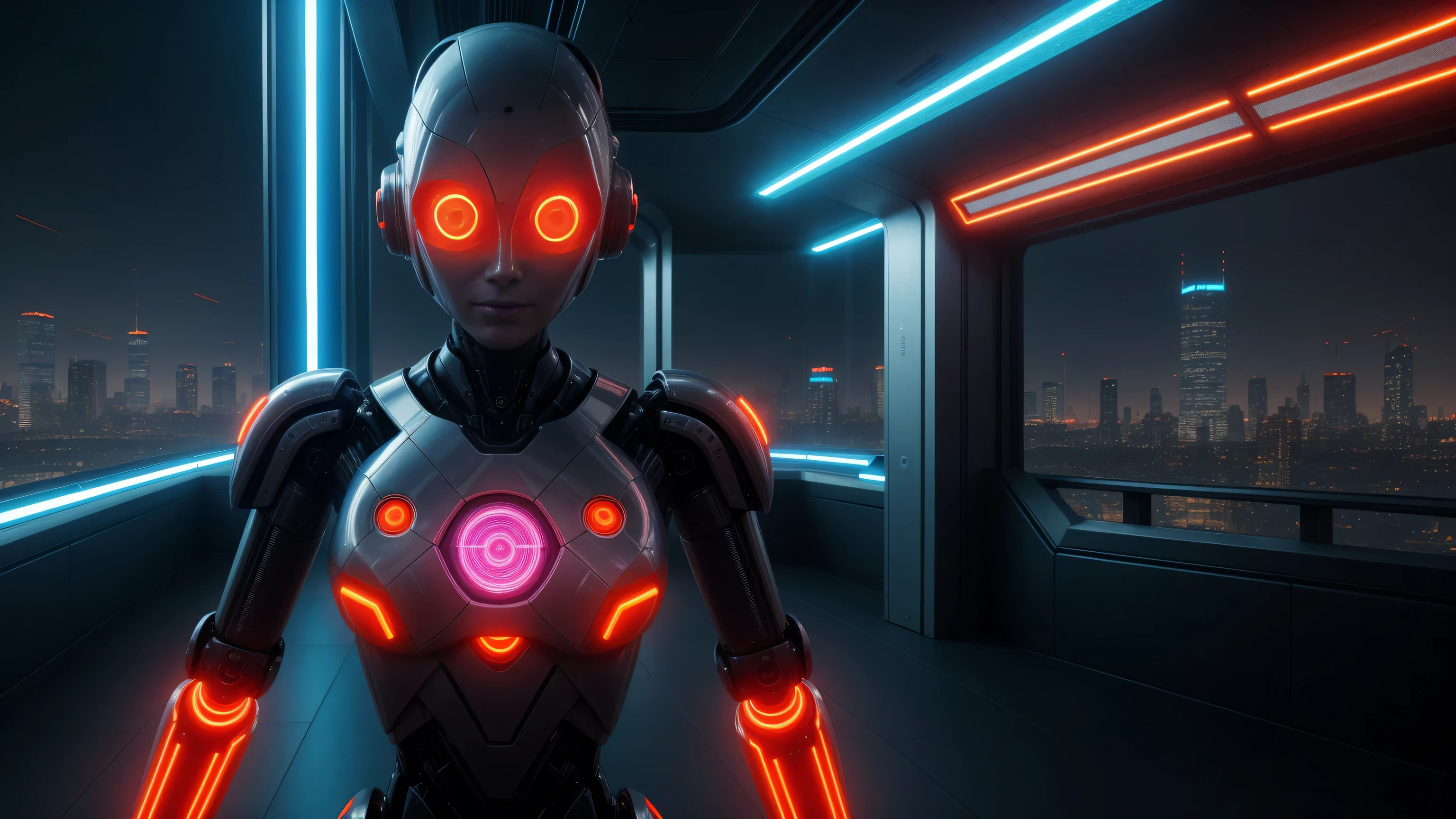 a futuristic humanoid business robot, detailed cyberpunk style, highly detailed face and body, glowing orange circuit patterns, sleek metallic chassis, advanced robotic limbs, complex machinery, holographic interface, urban cityscape background, cinematic lighting, dramatic atmosphere, neon signage, chromatic aberration, ultra detailed, 8k, photorealistic, award winning cgi