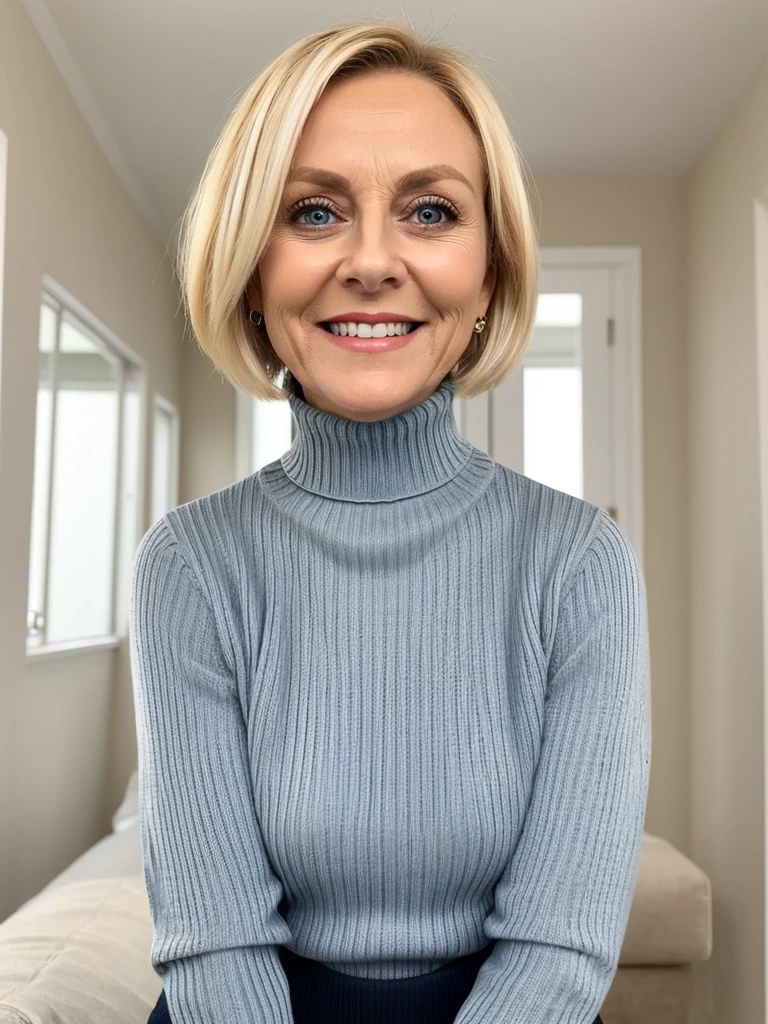 photo of a slutty horny blonde mature submissive wife with big bulging beautiful eyes, very short hair, She wears: (turtleneck high ribbed bright tight sweater:1.1), sexy old lady next door neighbour who wants me bad, excited and overjoyed 