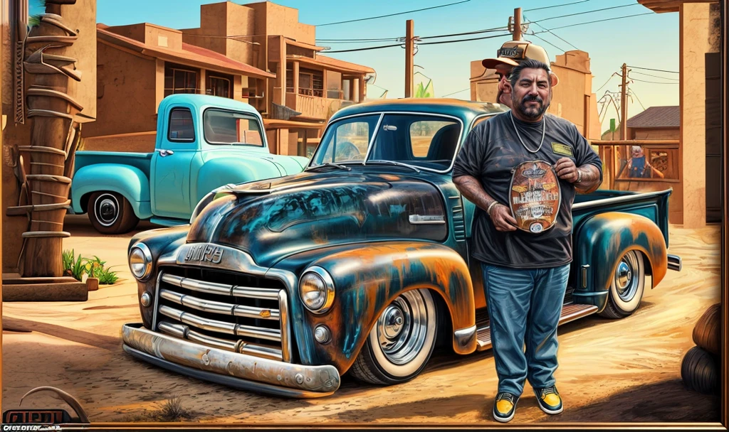 in the background on a wall drawing of an arm with a tattoo of a chevy pickup UHD image