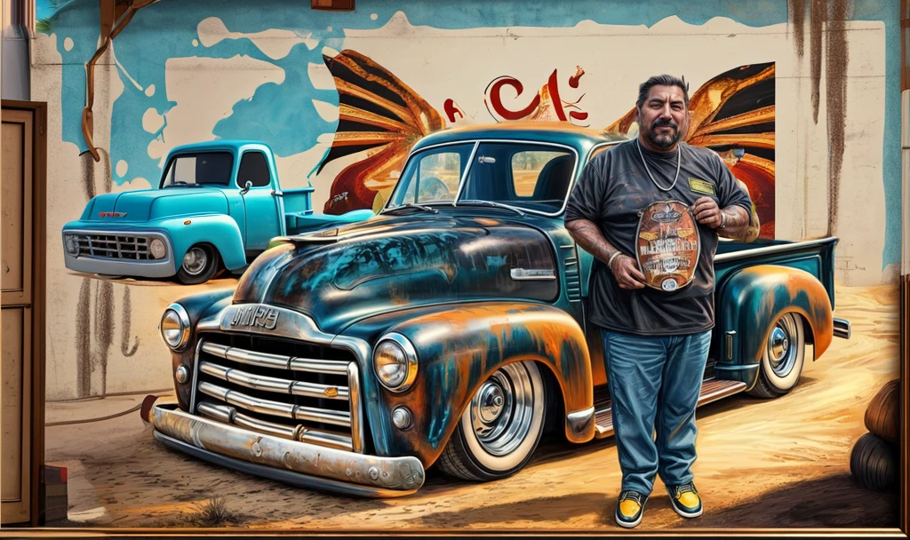 in the background on a wall drawing of an arm with a tattoo of a chevy pickup UHD image