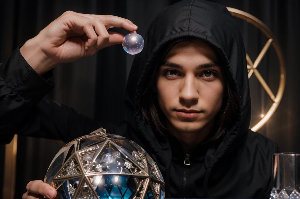 young male magician, head covered with a hood, magic crystal ball in hand, there&#39;s a big black dragon behind you, inside a ball of lightning