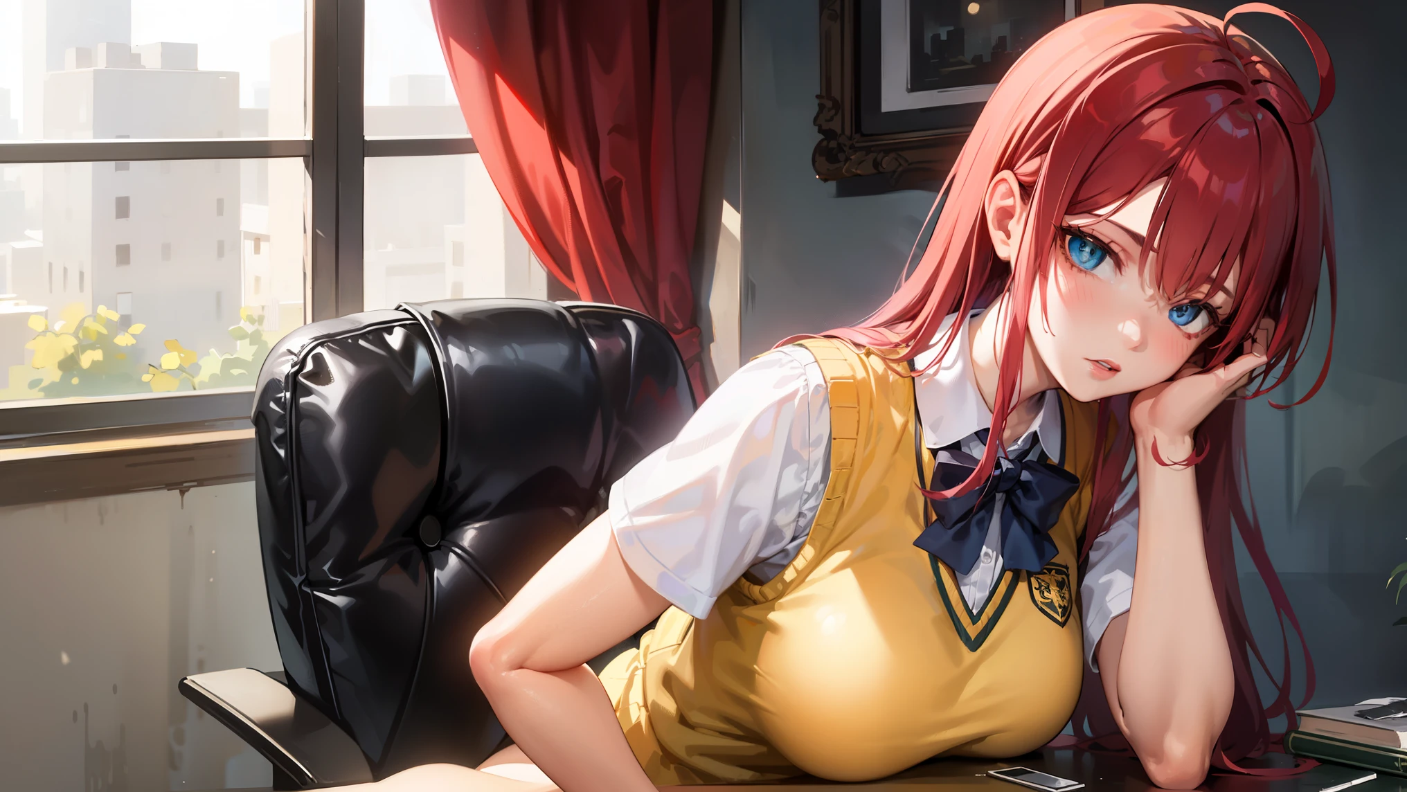 1girl,rias gremory,red hair, ahoge, blue eyes, large breasts ,
BREAK (otonokizaka , pleated skirt, , short sleeves, skirt, summer uniform, sweater vest, yellow sweater vest,:1.2)
BREAK  sitting in an office chair, on a desk,
BREAK (masterpiece:1.2), best quality, high resolution, unity 8k wallpaper, (illustration:0.8), (beautiful detailed eyes:1.6), extremely detailed face, perfect lighting, extremely detailed CG, (perfect hands, perfect anatomy),