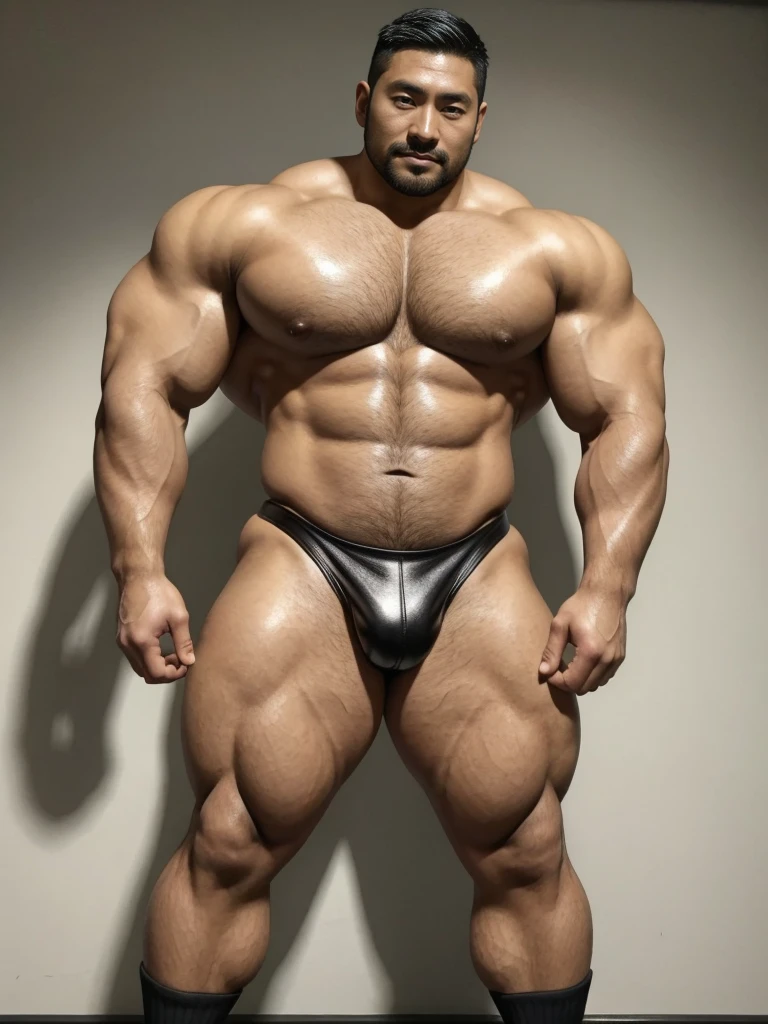 There is only one handsome Asian actor in the picture,35 years old,Tall and handsome, Toned body,short hair, O-Shaped Beard,Perfect body, Dark skin,Glowing skin,Smooth skin,The body is hairless,Muscle bulge, Muscular, Very large pectoral muscles,Very sexy abdominal muscles,Very well-developed leg muscles,Huge concave and convex area,Brightens oily skin,Wearing black leather shiny thong,Handsome face, Correct and accurate male body proportions, Wear black leather short socks,Standing in front of gray background wall。