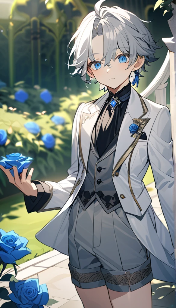 Handsome，very beautiful，1 ，young，alone，white short hair，blue eyes，black shirt，Luxurious white blazer，((Gray suit shorts))，black garters，((blue Rose))，White satin ribbon clothing decoration，Exquisite clothing details，Calm expression，Holy，Goethe-style，garden