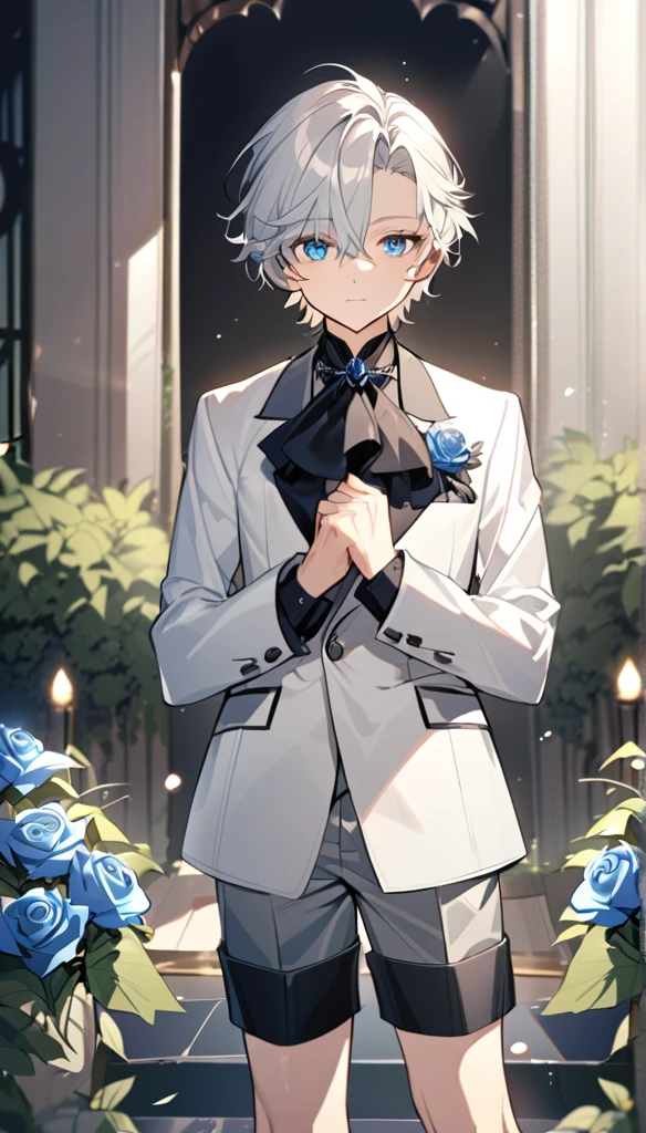 Handsome,very beautiful,1 little boy,young,alone,white short hair,blue eyes,black shirt,Luxurious white blazer,((Gray suit shorts)),black garters,((blue Rose)),White satin ribbon clothing decoration,Exquisite clothing details,Calm expression,Holy,Goethe-style,garden
