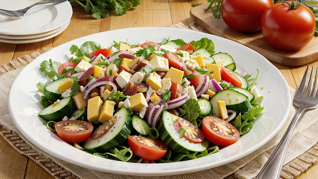 salad with tomatoes, cucumbers, Cheese, No, ham and onions